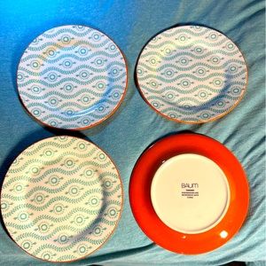 Baum Brother 8” Tangiers Teal/white/Orange Salad Plates set of (4) super Glazed